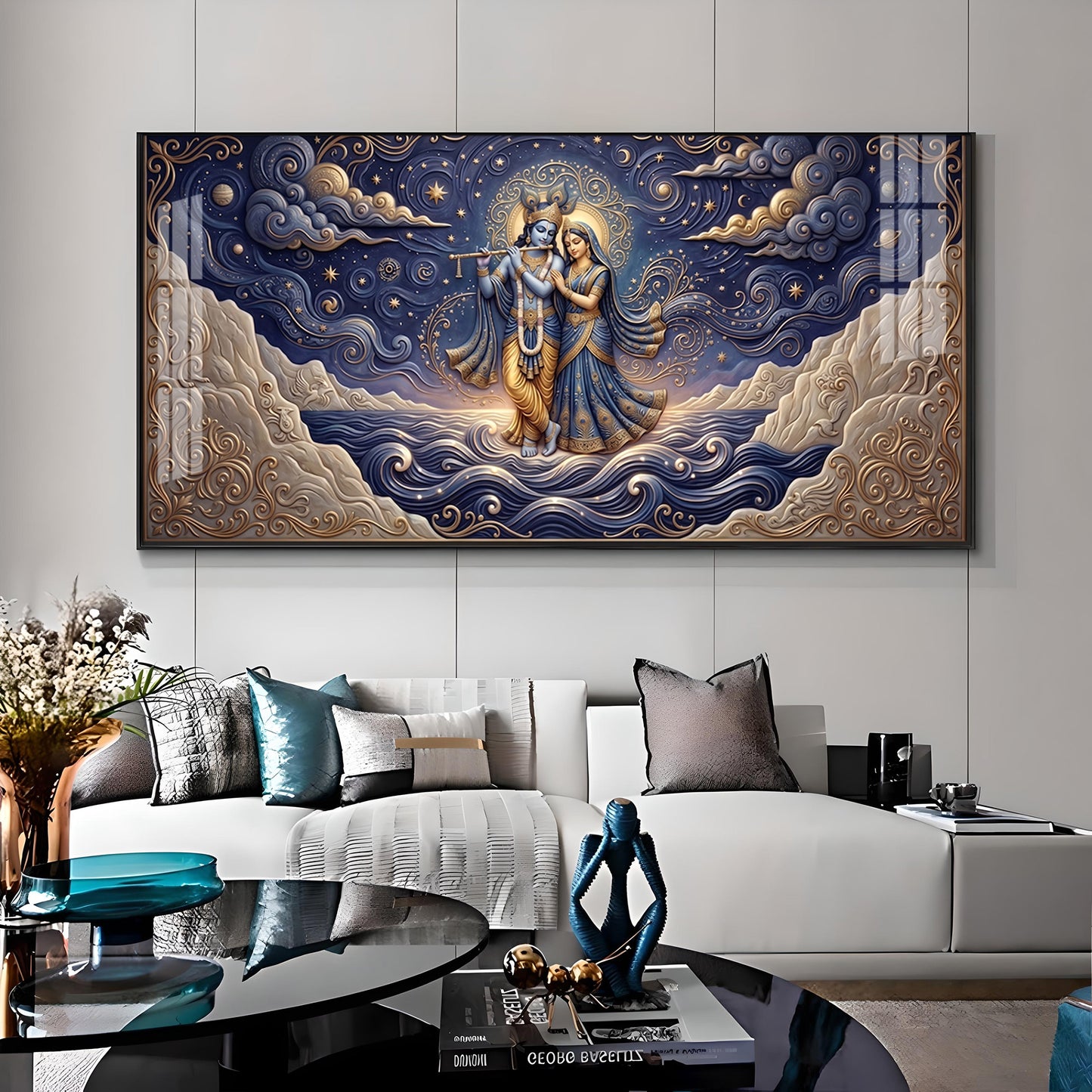 Radha Krishna Depicted In A Celestial Blue Premium Acrylic Horizontal Wall Art