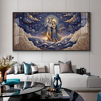 Radha Krishna Depicted In A Celestial Blue Premium Acrylic Horizontal Wall Art