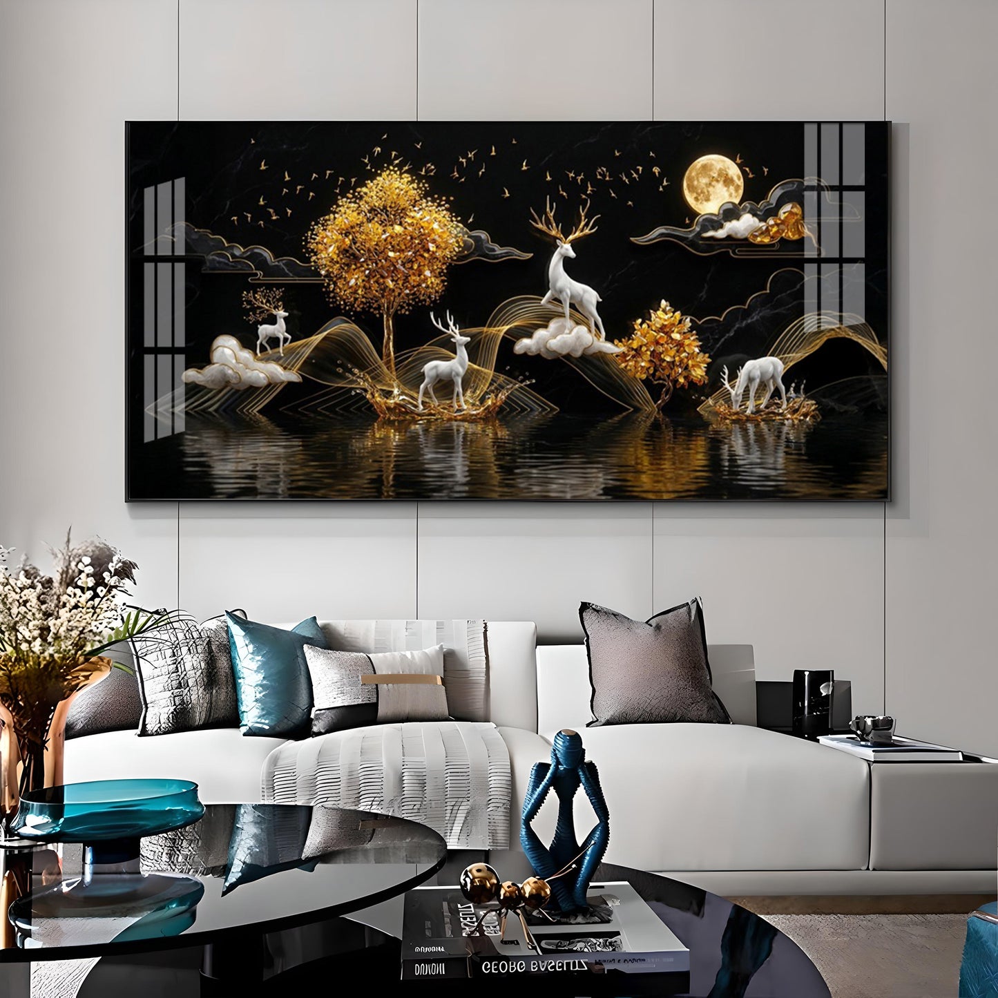 Moonlit Golden Deer Night Theam Premium Acrylic Horizontal Wall Art