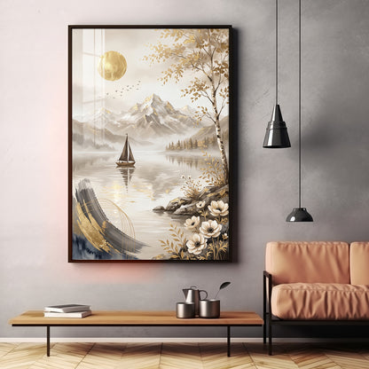 Abstract Lake Sailboat & Mountain Landscape Premium Acrylic Vertical Wall Art