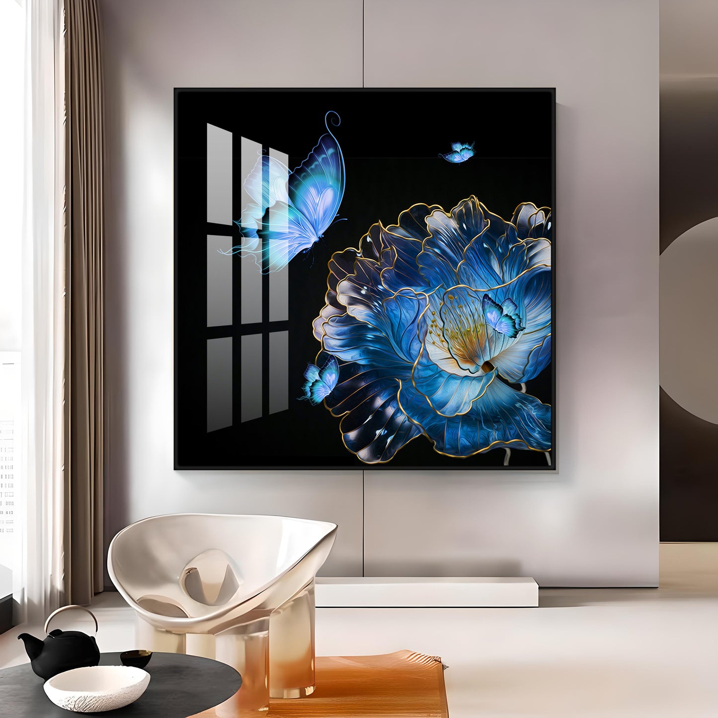 Blue Butterfly With Blue Flower Premium Acrylic Square Wall Art