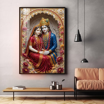 Depiction Of Radha Krishna Seated Together Premium Acrylic Vertical Wall Art