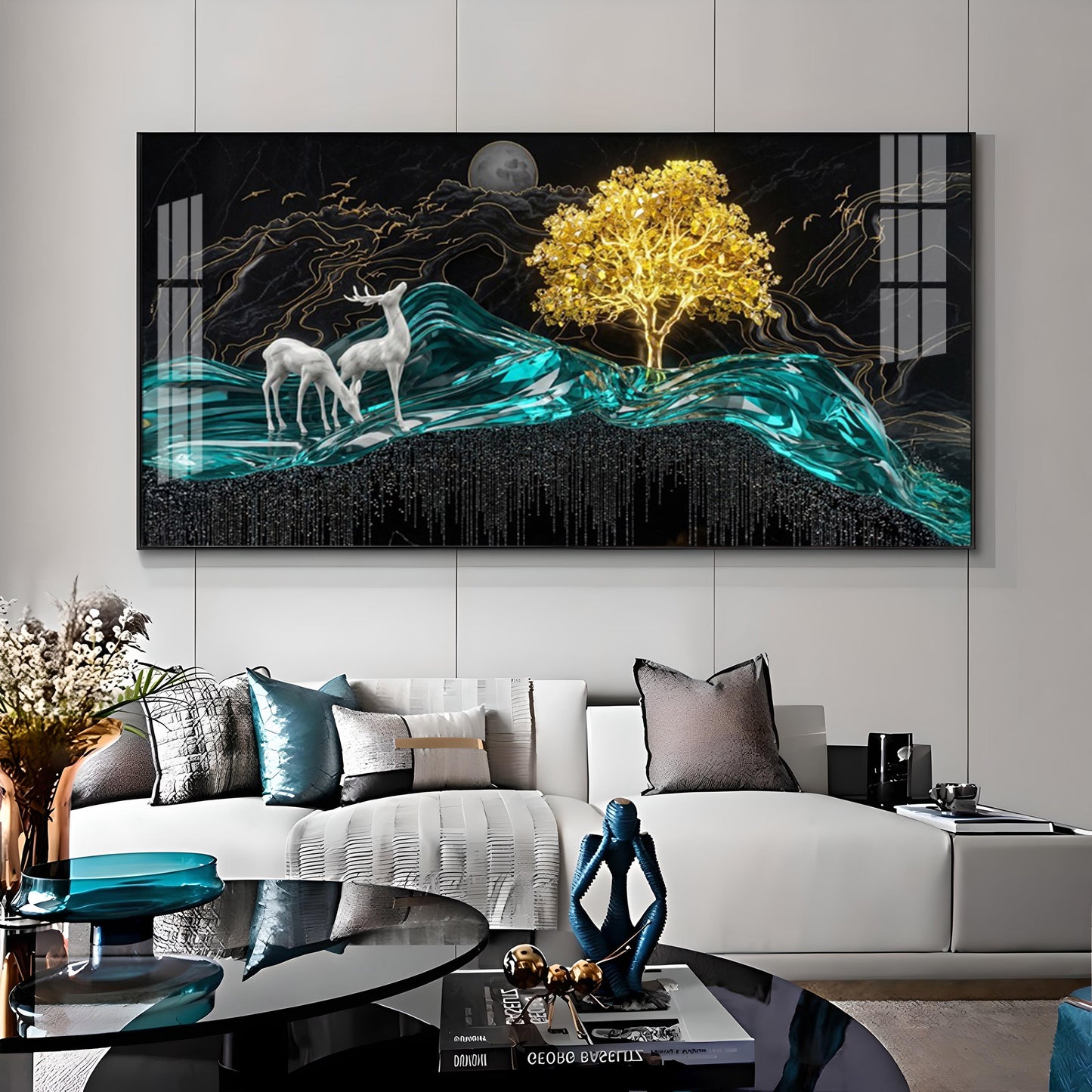 Deer With Golden Tree Harmony Premium Acrylic Horizontal Wall Art