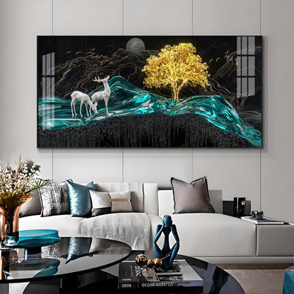 Deer With Golden Tree Harmony Premium Acrylic Horizontal Wall Art