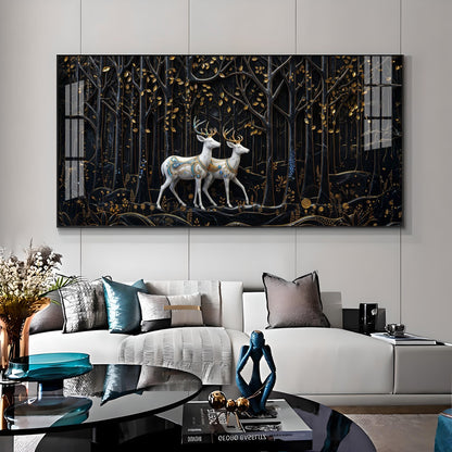 Two White Deer In A Black Forest Premium Acrylic Horizontal Wall Art