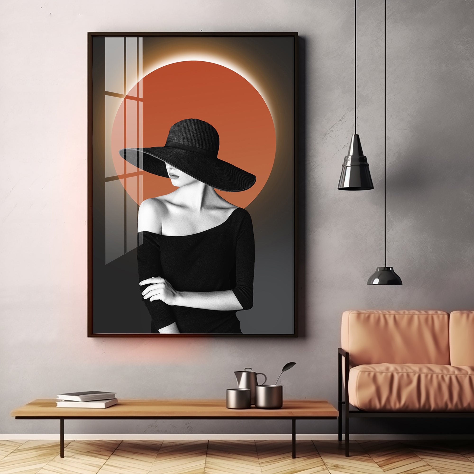 Glow Of Modern Girl In Hat Premium Acrylic Vertical Wall Art