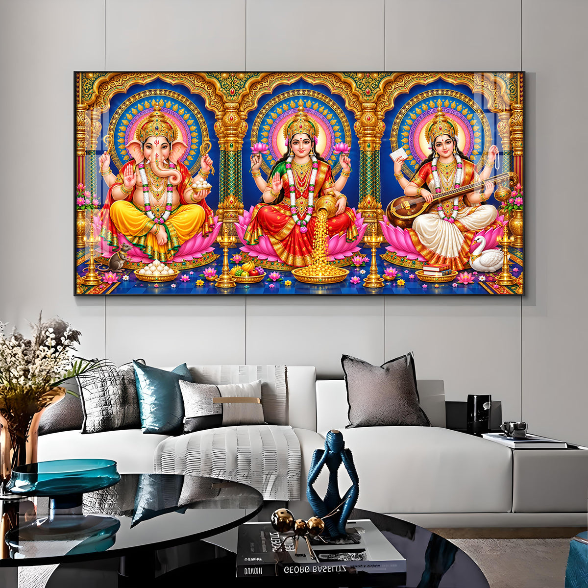 Divine Lord Ganesha, Goddess Saraswati & Goddess Lakshmi Premium Acrylic Horizontal Wall Art
