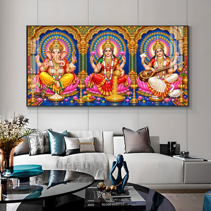 Divine Lord Ganesha, Goddess Saraswati & Goddess Lakshmi Premium Acrylic Horizontal Wall Art