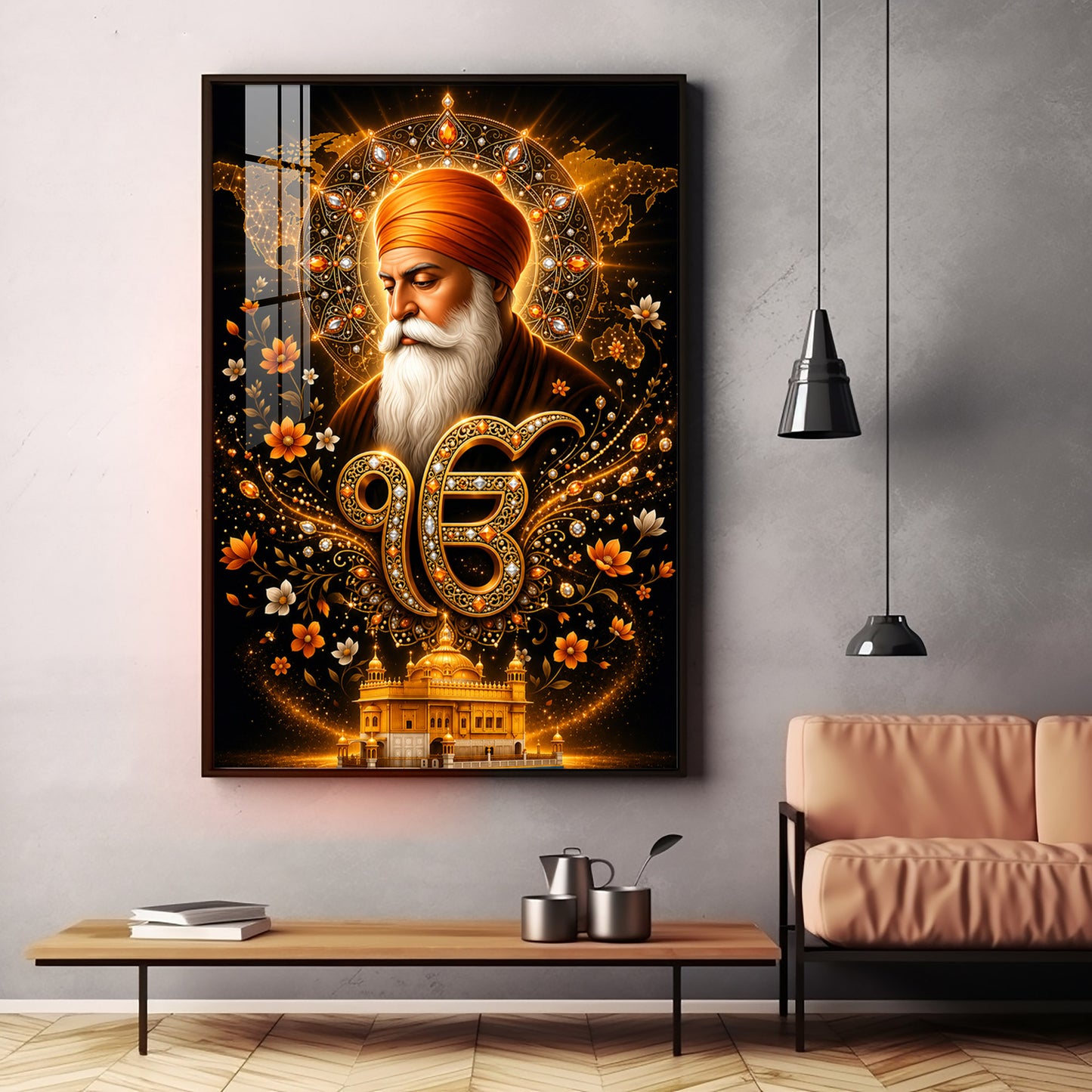 Guru Nanak Dev With Ik Onkar Symbol Premium Acrylic Vertical Wall Art