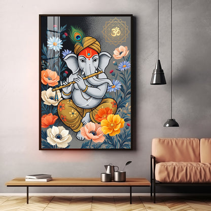 Lord Ganesha Playing Flute Premium Acrylic Vertical Wall Art