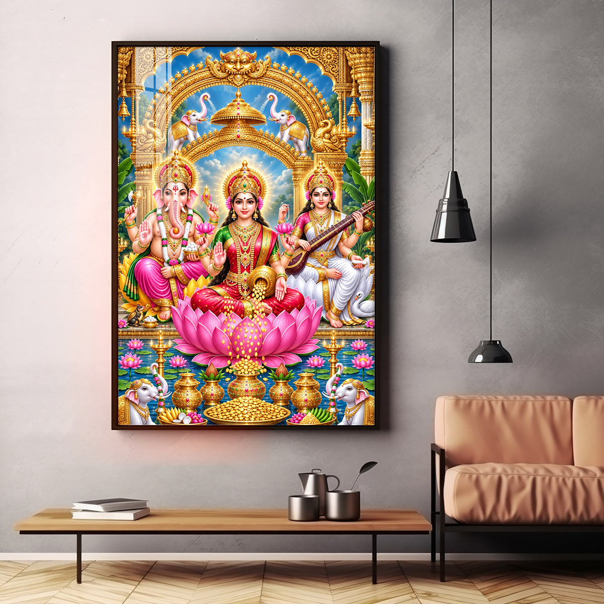 Divine Goddess Lakshmi, Lord Ganesha and Goddess Saraswati Premium Acrylic Vertical Wall Art