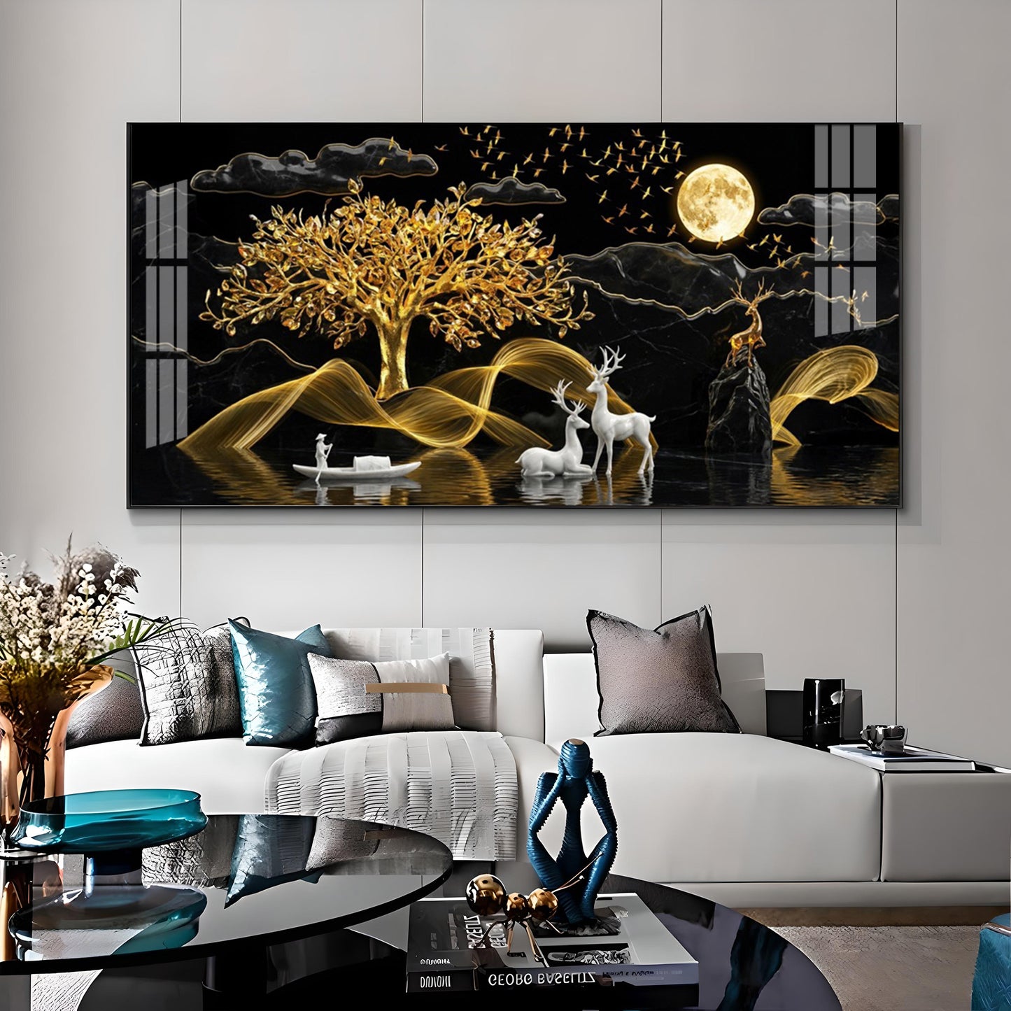 White Deer With Golden Tree Premium Acrylic Horizontal Wall Art