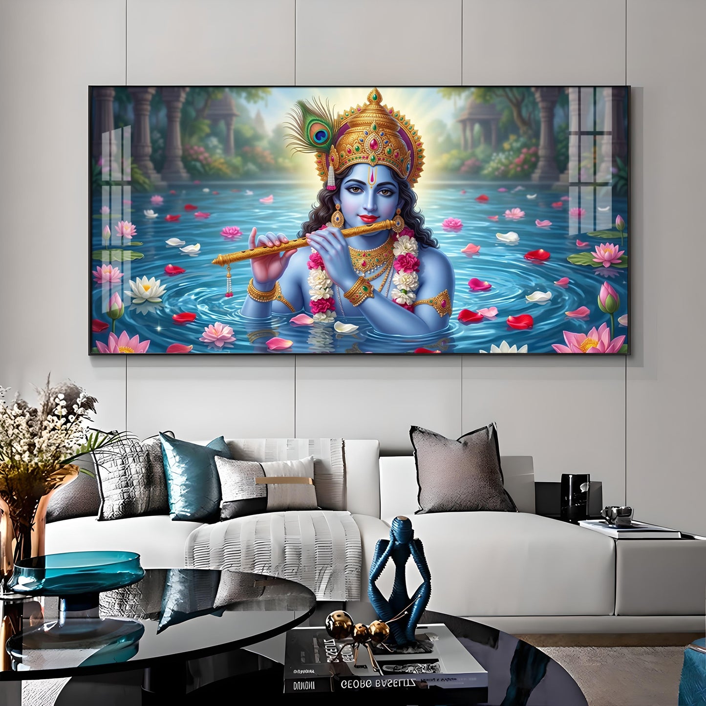Krishna With Flute Under Pond Premium Acrylic Horizontal Wall Art