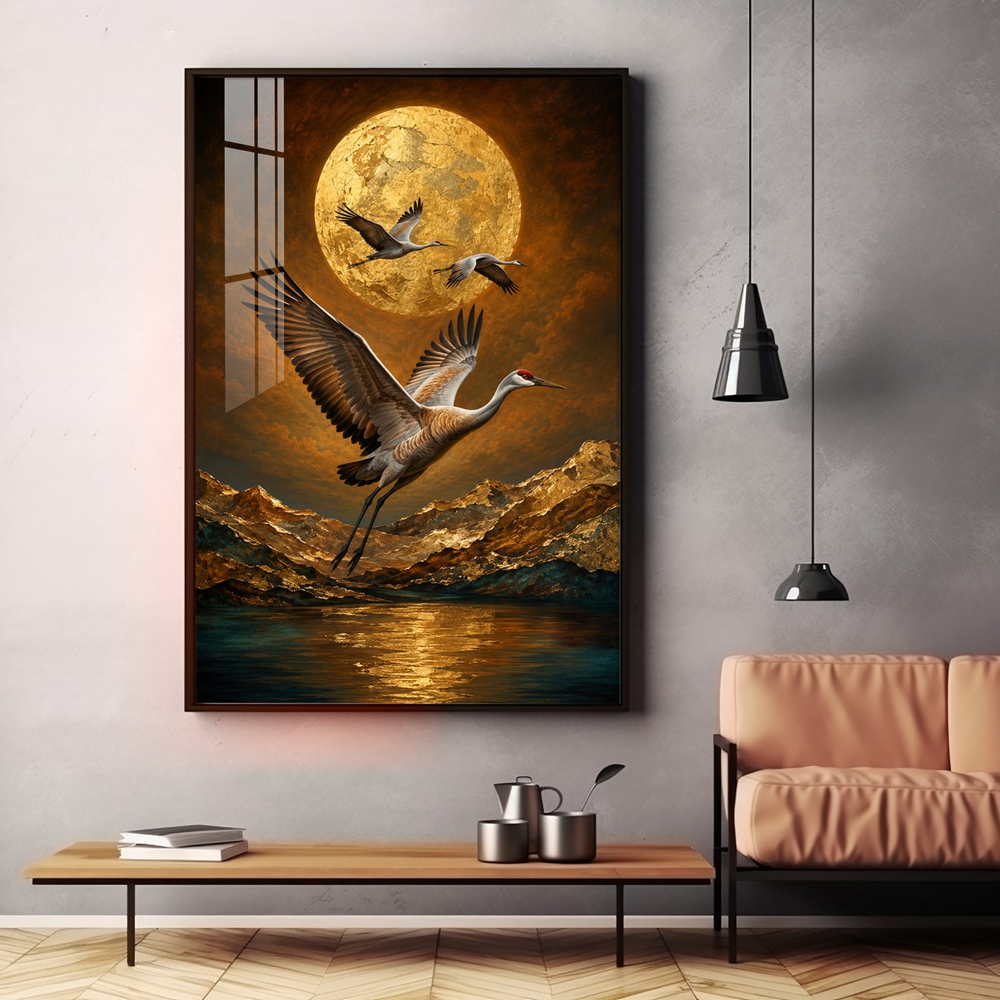 Golden Moon & Flying Cranes Premium Acrylic Vertical Wall Art