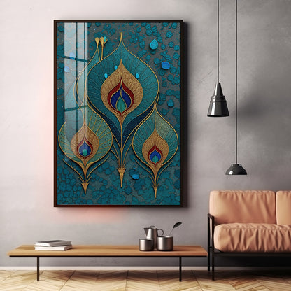 Three Ornate Peacock Feather Premium Acrylic Vertical Wall Art