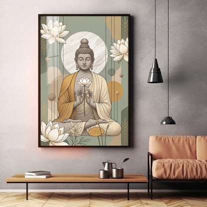 Meditating Buddha & White Lotus Premium Acrylic Vertical Wall Art