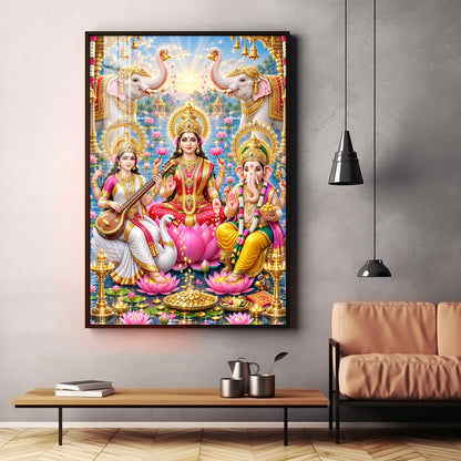 Lord Ganesh, Maa Laxmi & Maa Saraswati Premium Acrylic Vertical Wall Art