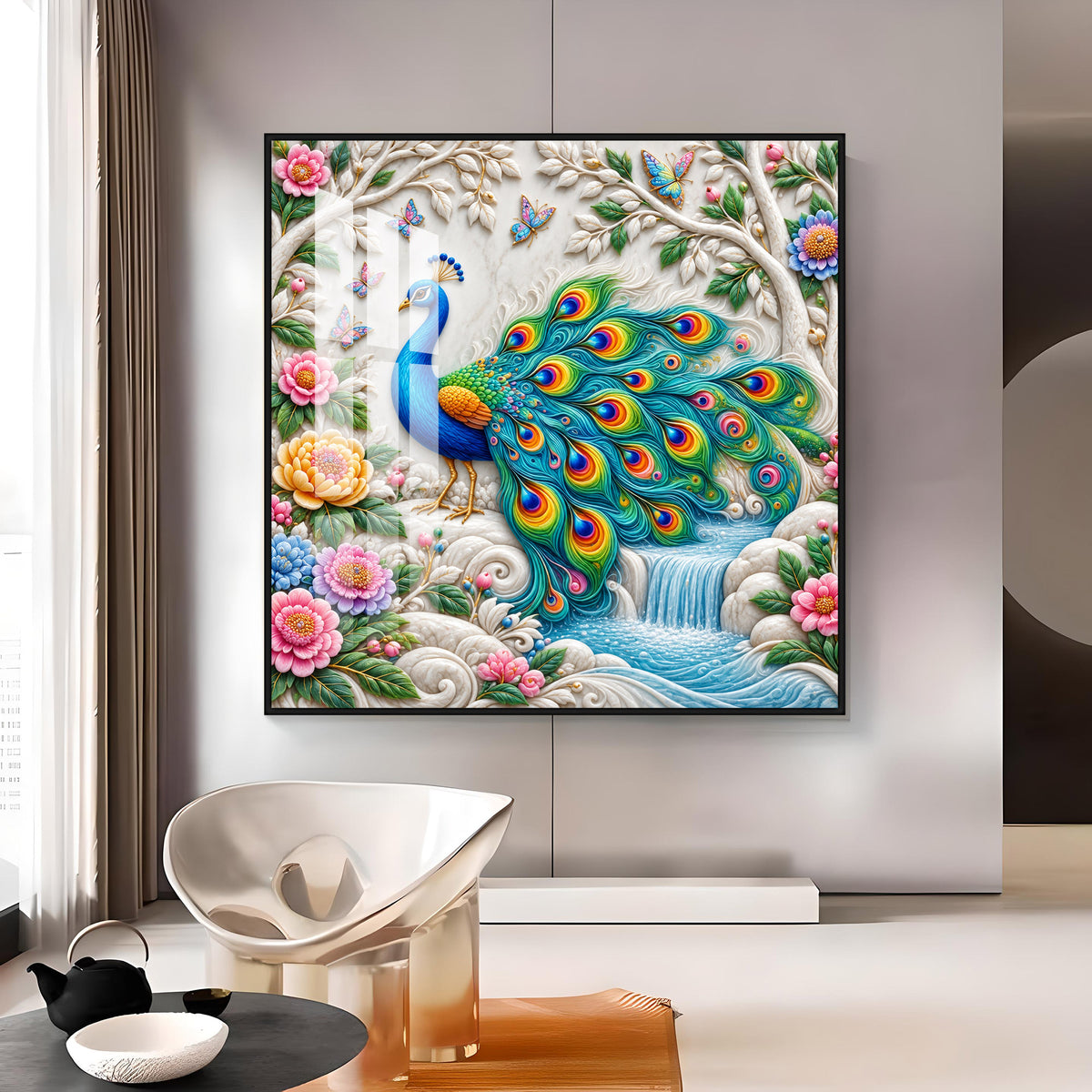 Peacock With Nature Premium Acrylic Square Wall Art