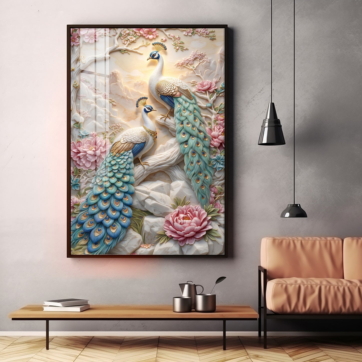 Stylist Peacock and Floral Design Premium Acrylic Vertical Wall Art