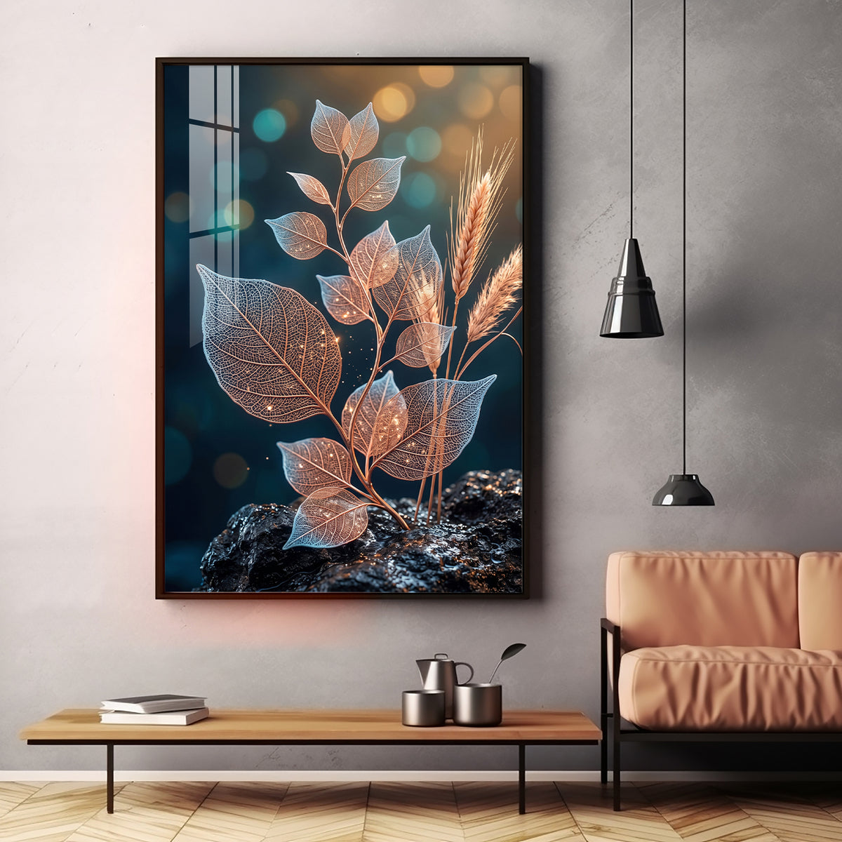 Glowing Vein Leaf & Wheat Premium Acrylic Vertical Wall Art