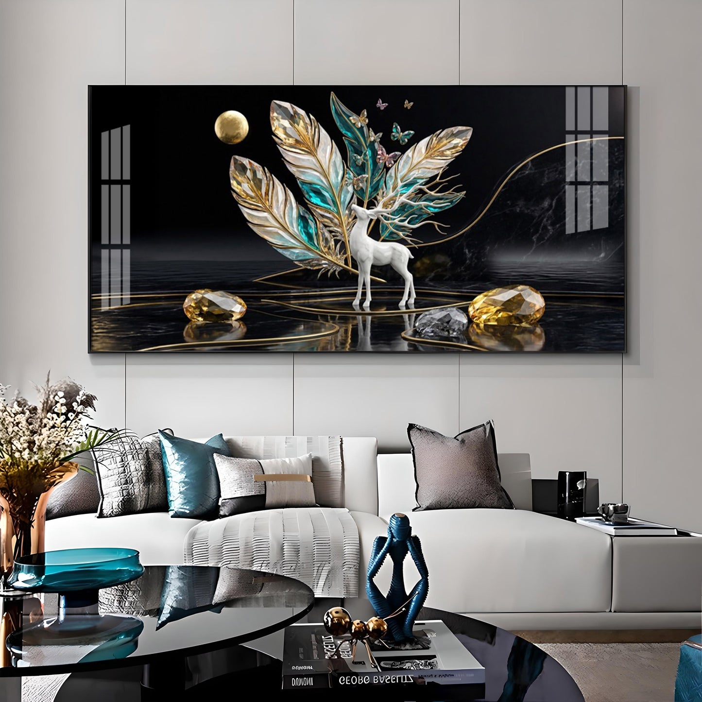 White Deer With Feathers Premium Acrylic Horizontal Wall Art
