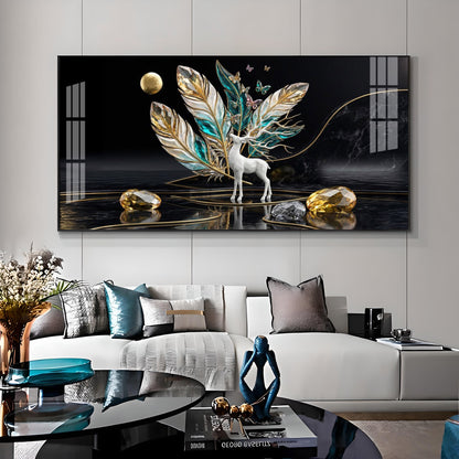 White Deer With Feathers Premium Acrylic Horizontal Wall Art