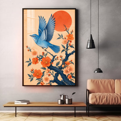 Flying Bluebird & Orange Blossoms Premium Acrylic Vertical Wall Art