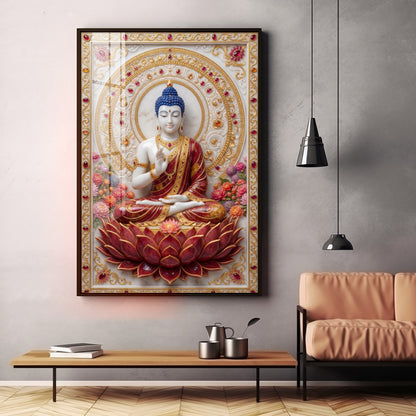 Divine Serenity Buddha On Red Lotus Premium Acrylic Vertical Wall Art