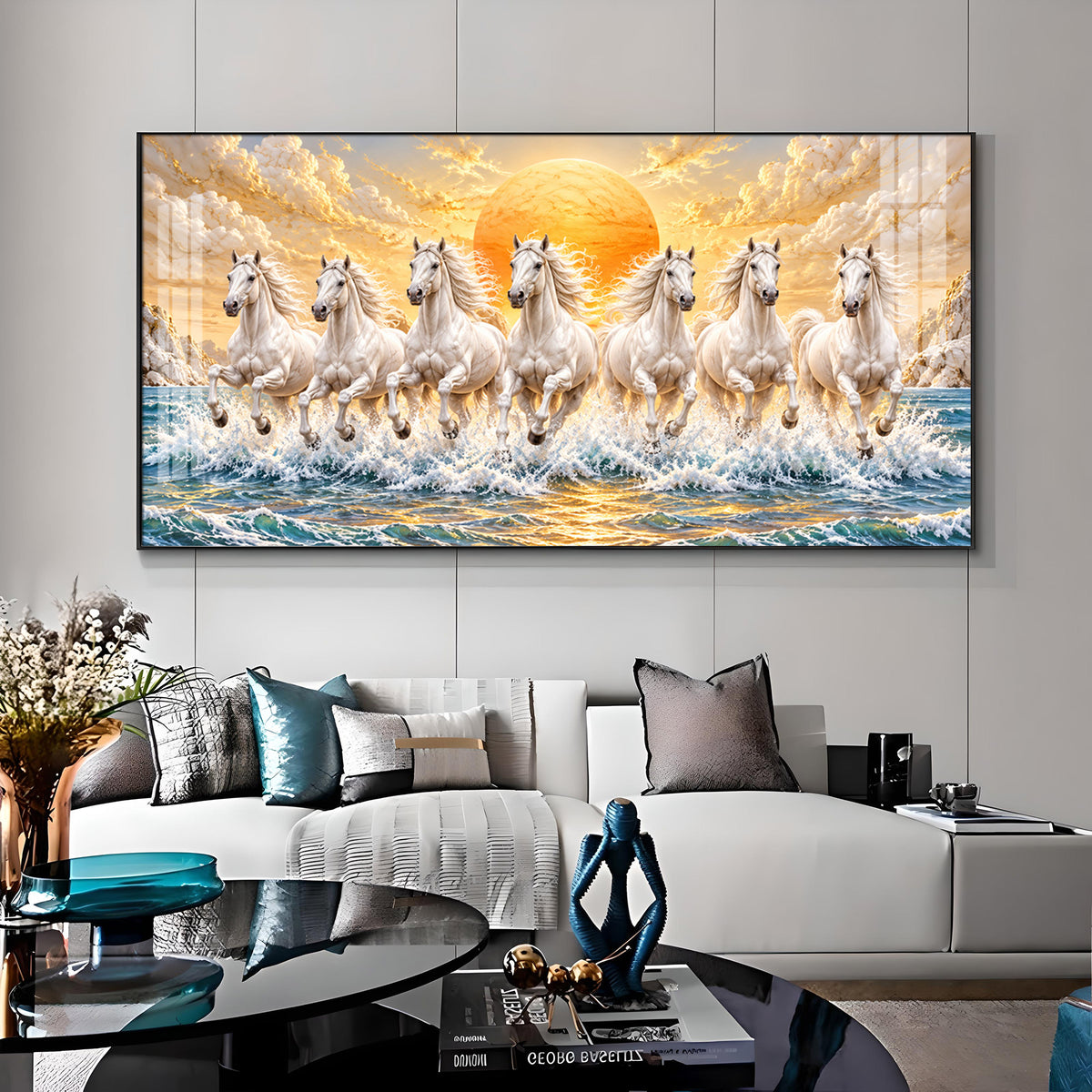 Majestic White Seven Running Horses In sun Rise Premium Acrylic Horizontal Wall Art