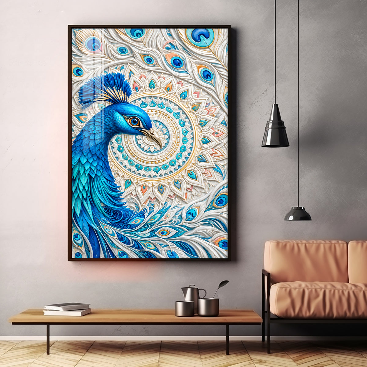 Majestic Blue Peacock Premium Acrylic Vertical Wall Art