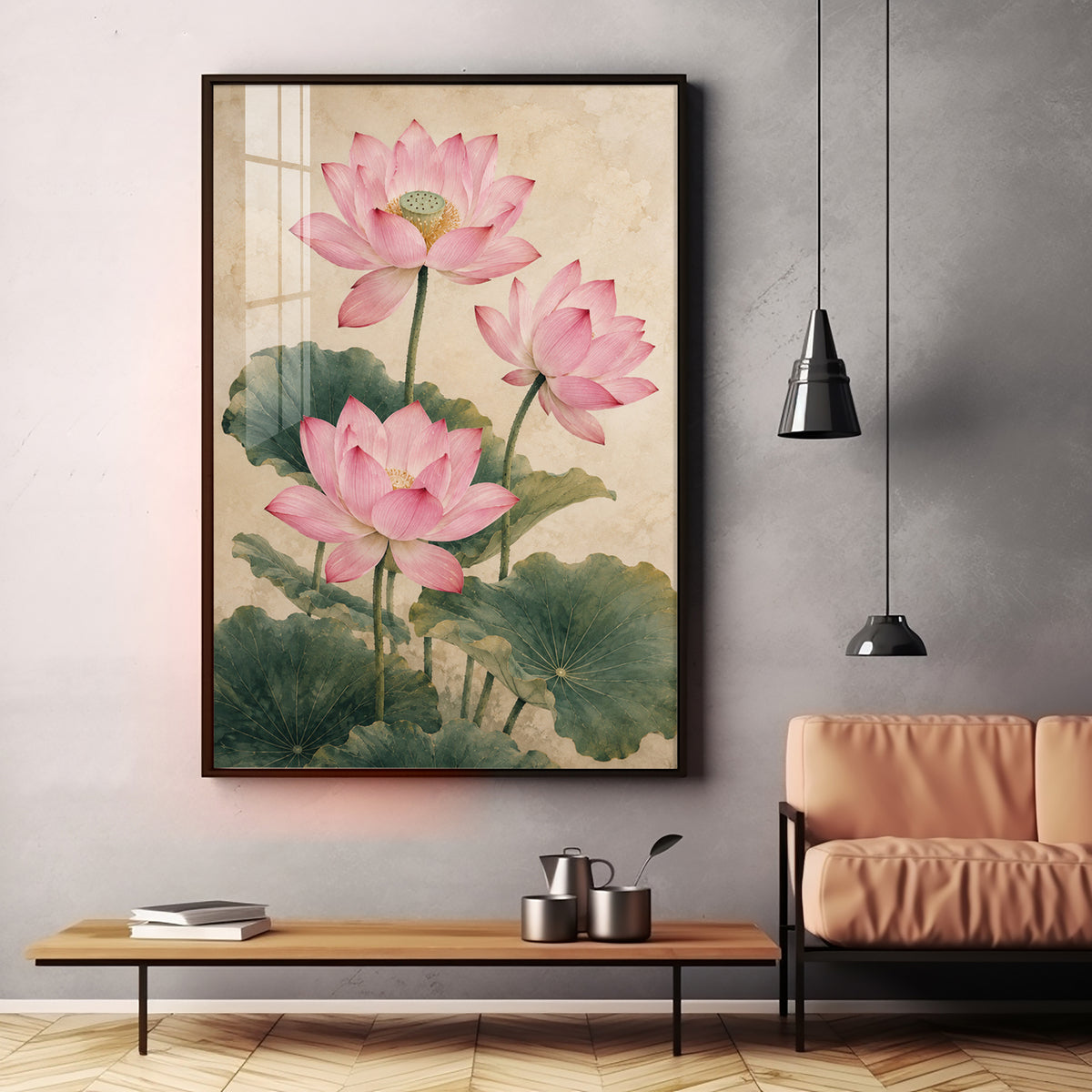 Elegant Vintage Botanical Pink Lotus Premium Acrylic Vertical Wall Art