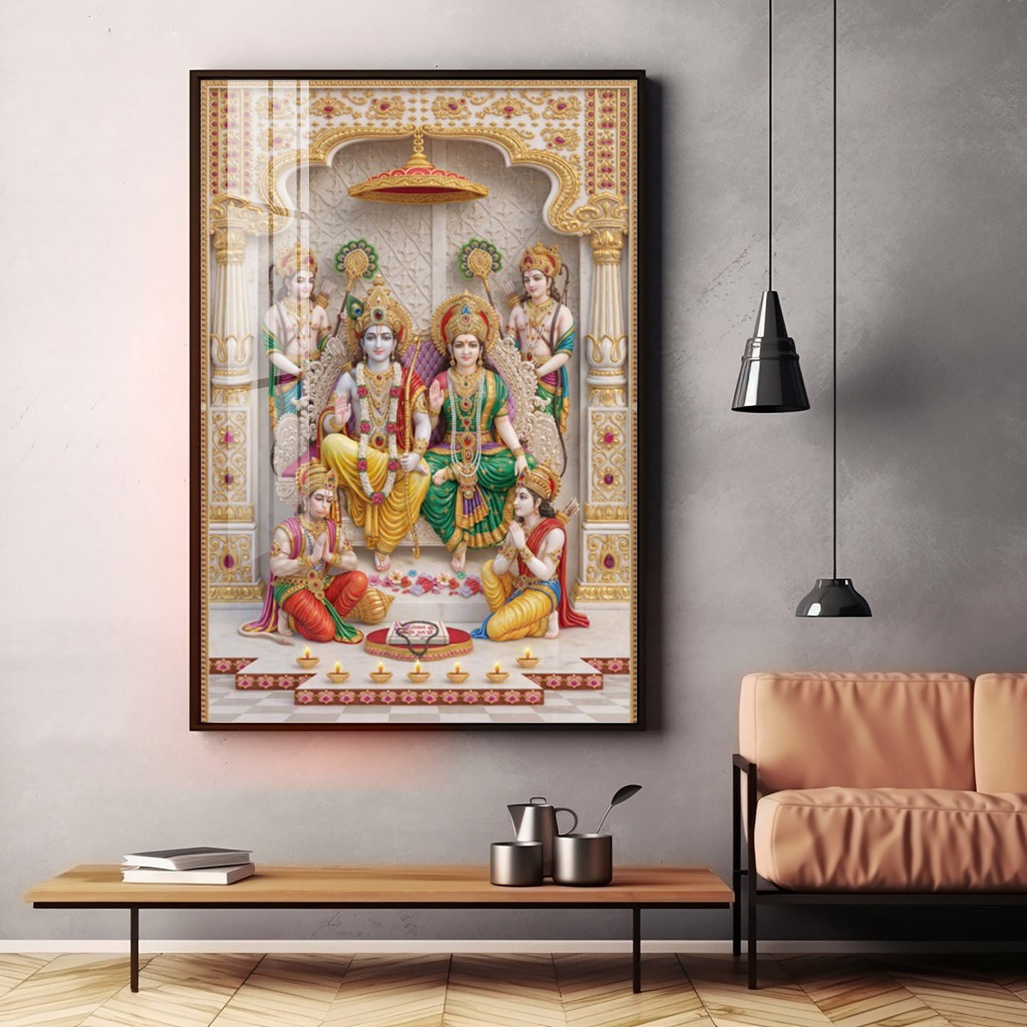 Lord Ram seated with Goddess Sita Premium Acrylic Vertical Wall Art