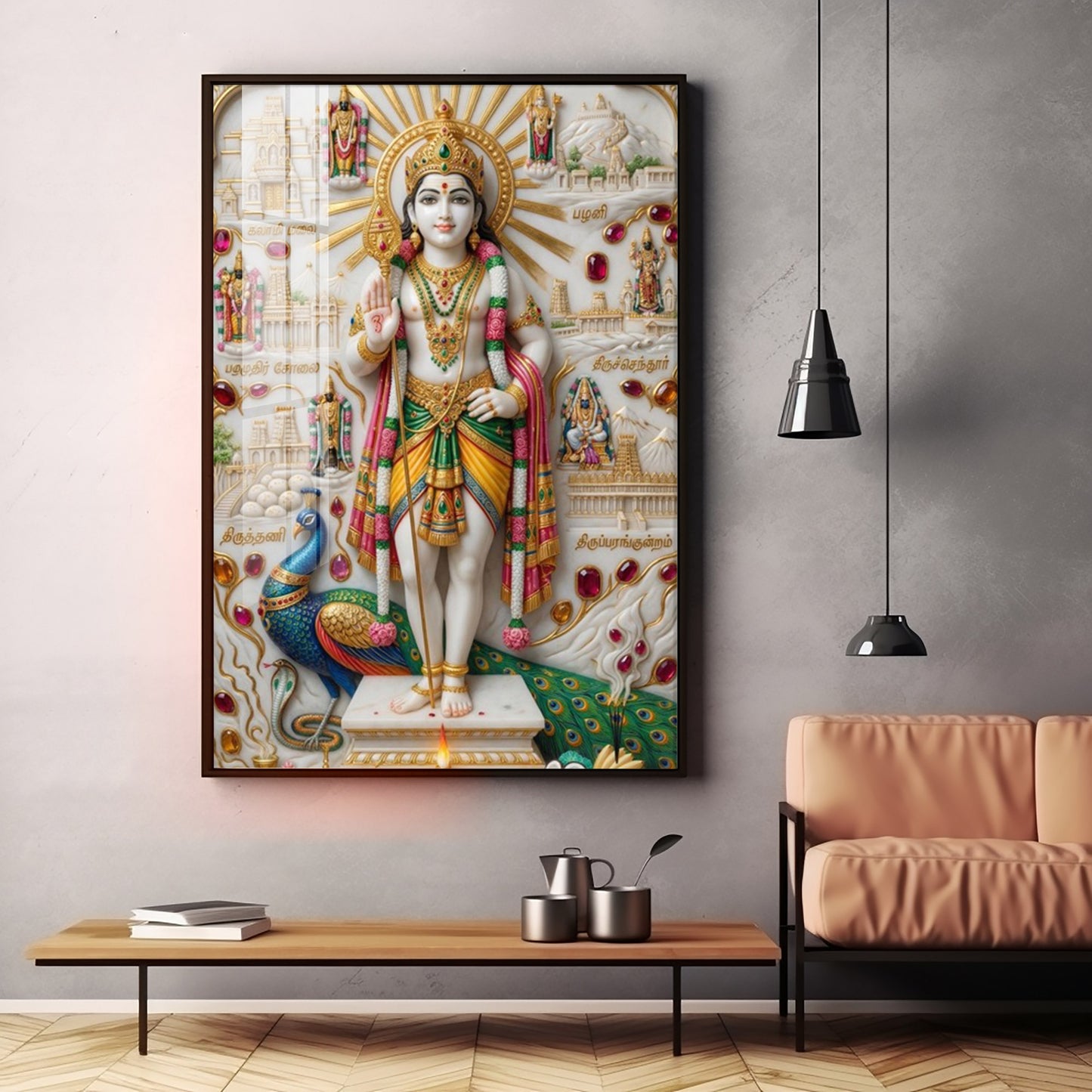 Lord Kartikeya With Peacock Premium Acrylic Vertical Wall Art