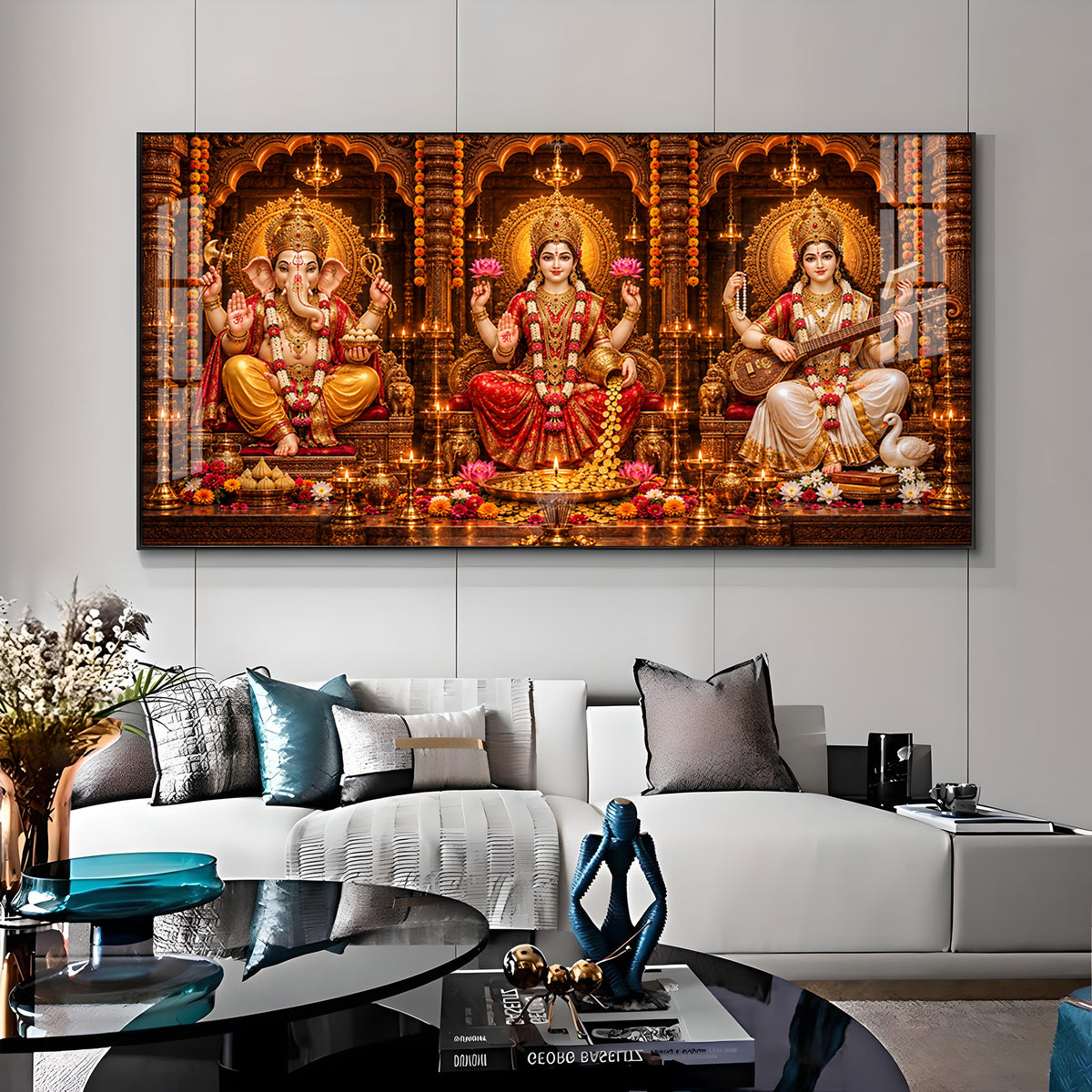 Shri Ganesha, Goddess Lakshmi, and Goddess Saraswati Premium Acrylic Horizontal Wall Art