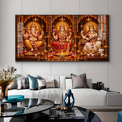 Shri Ganesha, Goddess Lakshmi, and Goddess Saraswati Premium Acrylic Horizontal Wall Art