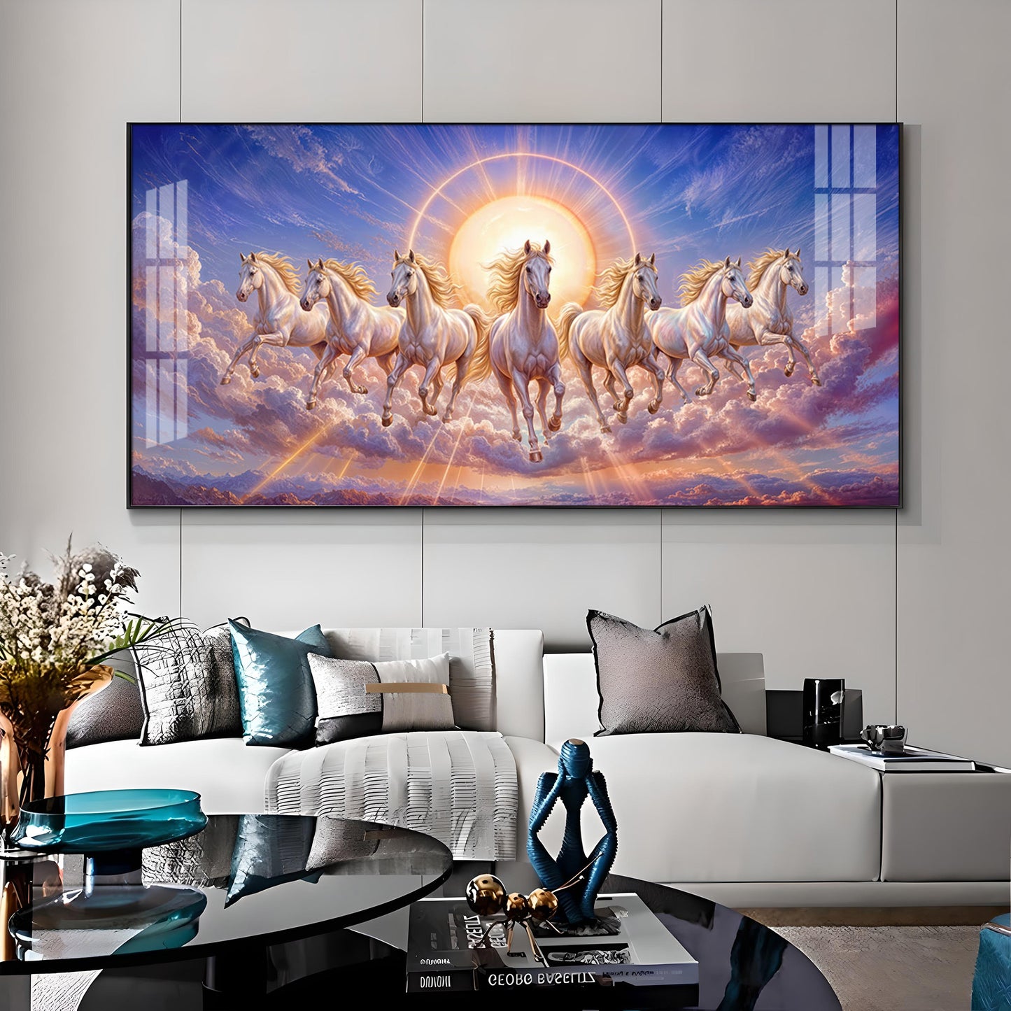 Seven Galloping White Horses Premium Acrylic Horizontal Wall Art