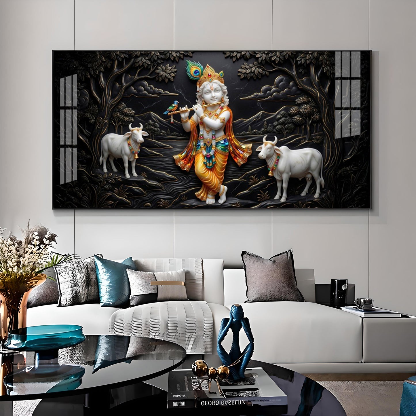 Lord Krishna With Cows Premium Acrylic Horizontal Wall Art
