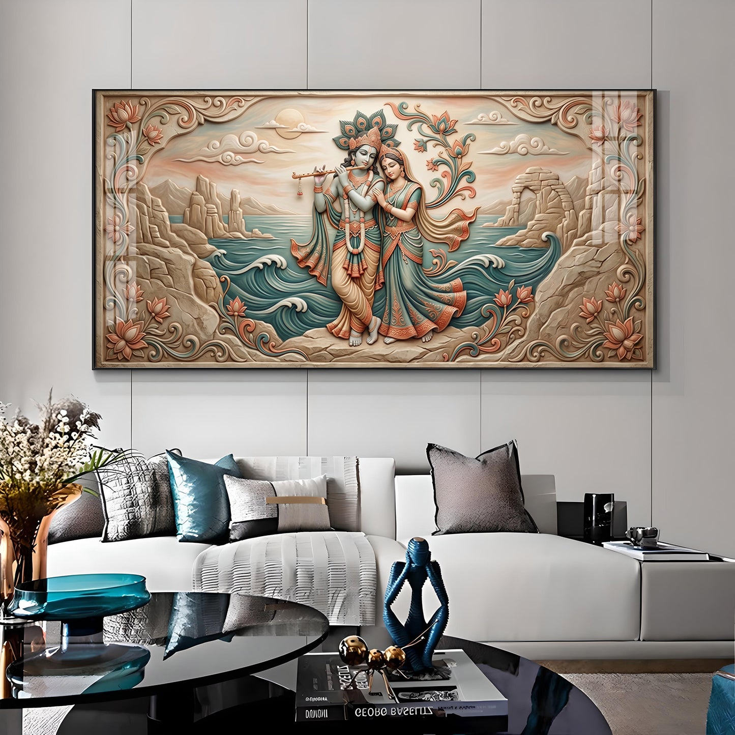 Radha Krishna With Flowers Premium Acrylic Horizontal Wall Art