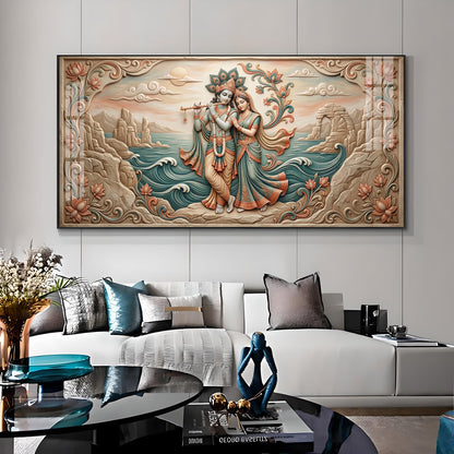 Radha Krishna With Flowers Premium Acrylic Horizontal Wall Art