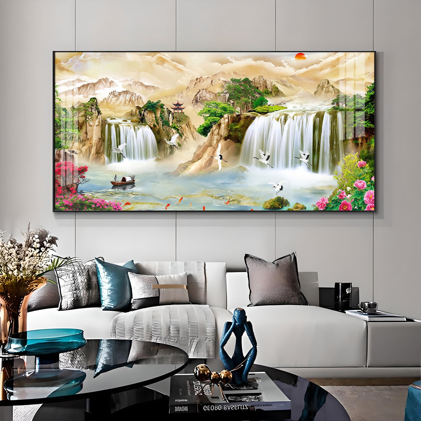 Serene Landscape With Cranes & Flowers Premium Acrylic Horizontal Wall Art