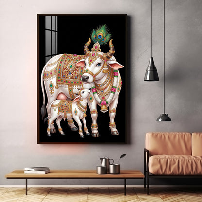 Kamdhenu Cow With Calf Premium Acrylic Vertical Wall Art
