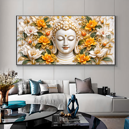 Buddha With Golden White Blossom Premium Acrylic Horizontal Wall Art