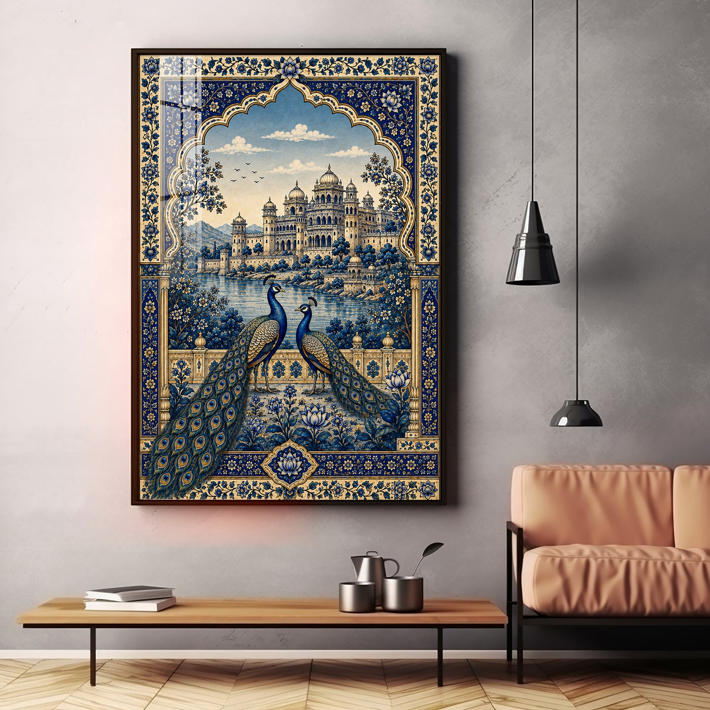 Royal Blue Peacocks & Palace Premium Acrylic Vertical Wall Art