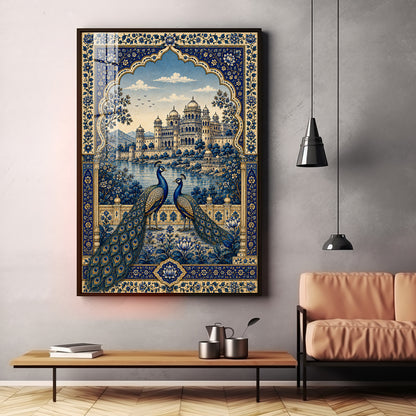 Royal Blue Peacocks & Palace Premium Acrylic Vertical Wall Art