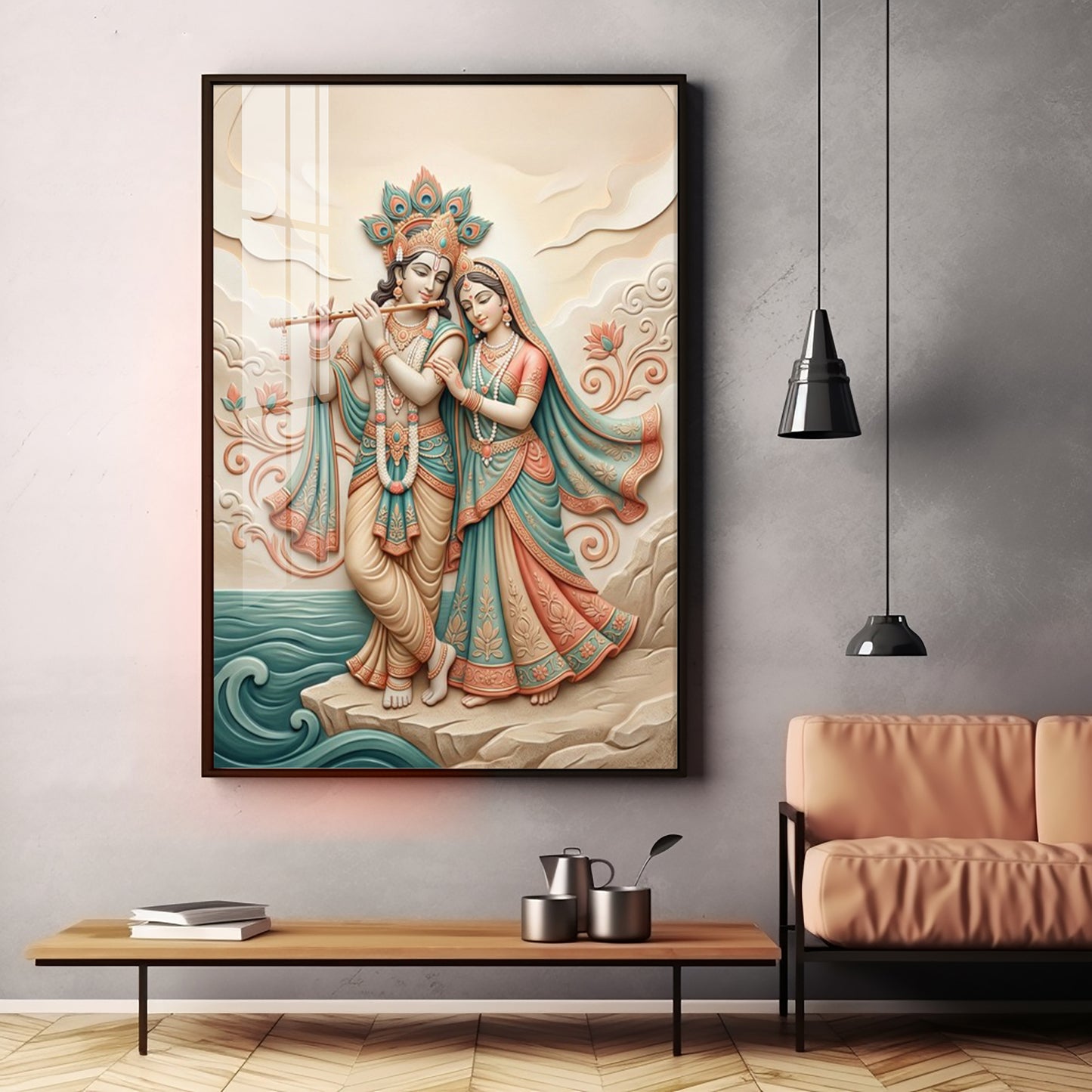 Radha Krishna Standing Together Premium Acrylic Vertical Wall Art