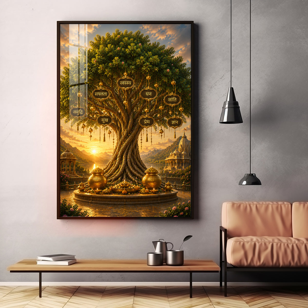 Golden Kalpavriksha Tree Premium Acrylic Vertical Wall Art