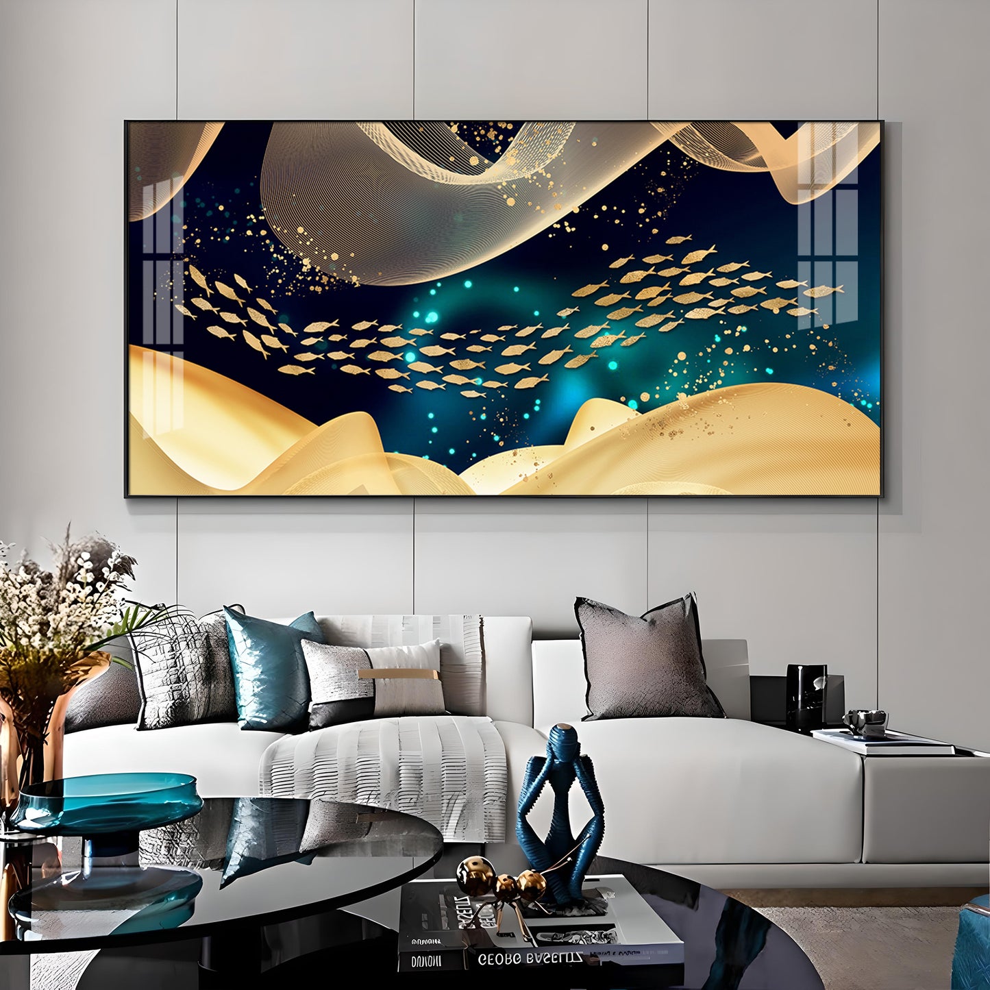 Golden Fish In Dark Blue Underwater Premium Acrylic Horizontal Wall Art