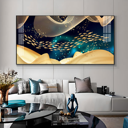 Golden Fish In Dark Blue Underwater Premium Acrylic Horizontal Wall Art