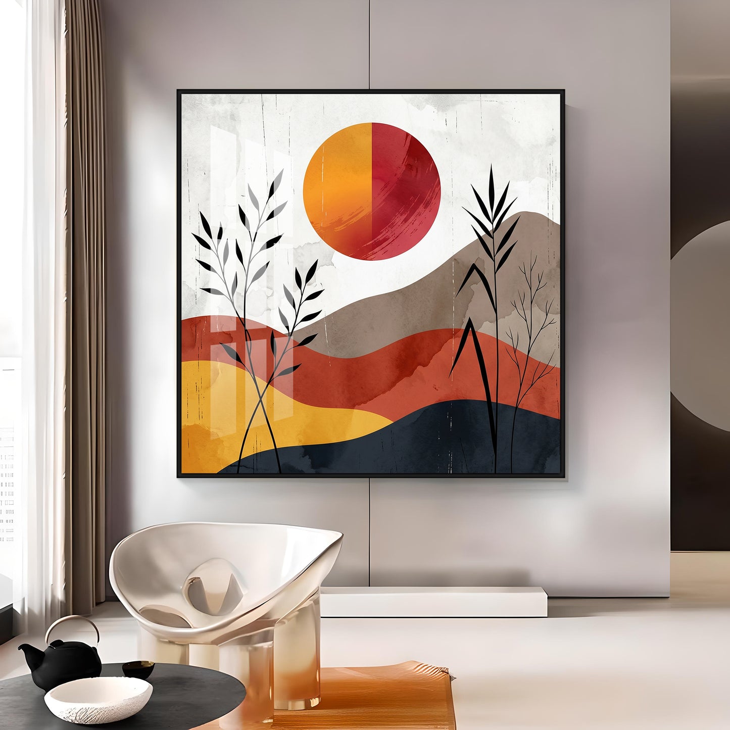 Earth-Toned Hills & Split-Color Sun Premium Acrylic Square Wall Art