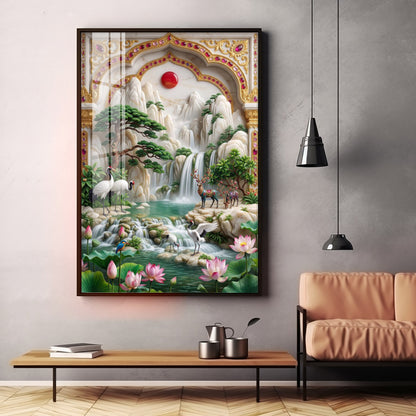 Sunrise Mountains Waterfall Premium Acrylic Vertical Wall Art